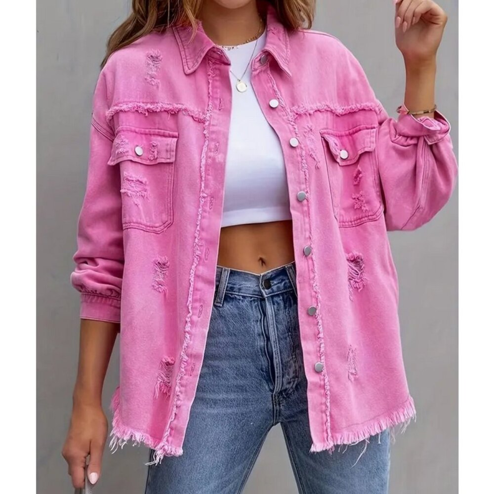 NWT Pink Jean Jacket Shirt Shacket Distresssed Pockets 2XL Long Sleeved Collar
